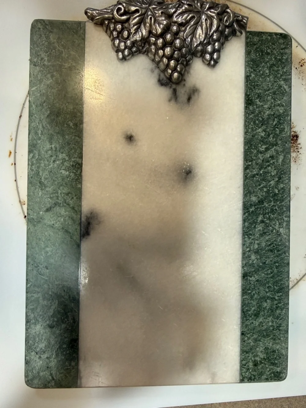 Arthur Court Green and White Marble Tray with Decorative Metal Grape Accent